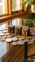 Wooden blocks spelling pay surrounded by scattered coins on reflective surface near window with natural sunlight, representing financial planning and savings.