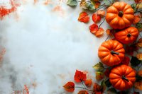 Orange pumpkins and autumn leaves creating border on textured white background with copy space for seasonal fall holiday designs and messages.