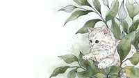 Adorable fluffy kitten sitting among lush green foliage on soft watercolor background, perfect for nursery decor and greeting cards.