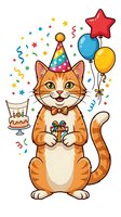 Cheerful orange tabby cat wearing party hat and bow tie holding gift with balloons, cake, and confetti on white background for celebrations.