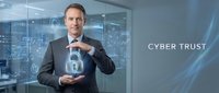 Confident Caucasian businessman in suit holding glowing digital padlock hologram, cyber trust concept, data security and network protection.