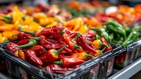 Fresh colorful sweet and hot peppers in plastic container at farmers market, close up view of red, yellow and green chili peppers for sale.