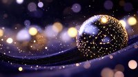 Glowing golden sphere with intricate network pattern floating in cosmic space with bokeh lights and starry background for luxury technology concepts.