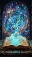 Glowing tree of life emerges from open book with luminous branches against cosmic bokeh background, symbolizing knowledge, wisdom, and imagination for educational and spiritual concepts.