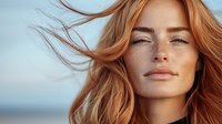 Young woman with flowing ginger hair and freckles against blurred blue background, eyes closed with serene expression, natural makeup and glowing skin.