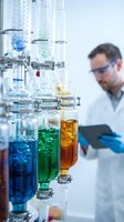 Male scientist in white lab coat conducting chemical research with colorful liquid solutions in glass laboratory equipment for pharmaceutical development.