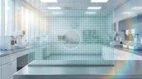 Transparent glass panel with circular design element displayed in modern kitchen with mint green tile backsplash, suitable for product mockups and design presentations.