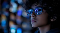 Young woman with curly hair wearing glasses illuminated by blue technology screens, creating cyberpunk atmosphere in dark setting with bokeh lights reflecting in eyewear.