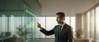 Professional businessman in suit interacting with futuristic holographic network interface display in modern office environment for technology presentations.