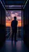 Silhouette of businessman standing in modern data center server room at sunset, technology infrastructure and cloud computing concept for corporate presentations.