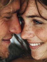 Close-up portrait of happy Caucasian couple with freckles sharing intimate moment, man and woman faces touching, genuine smiles and connection.