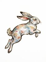 Leaping rabbit with colorful ornamental patterns in watercolor style, isolated on transparent background. Great for stickers, t-shirt design, print on demand, and clipart.