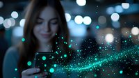 Young woman smiling while using smartphone with magical turquoise light trail effect and bokeh overlay, creating dreamy atmospheric mood for technology and communication concepts.