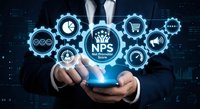 Businessman using smartphone with glowing NPS Net Promoter Score interface and customer satisfaction icons on digital background for business analytics.