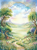 Fantasy landscape with ornate golden frame showing rolling green hills, castle in clouds, cottage and winding path through enchanted countryside scene.
