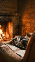 Cozy tabby cat sleeping curled up on an armchair by a warm glowing fireplace, rustic brick wall, hygge winter home comfort scene.