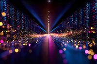Futuristic data center corridor with glowing server racks and light beams creating dynamic perspective. Colorful bokeh effects add depth to technological atmosphere.