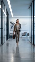 Professional businesswoman walking confidently through modern office corridor with briefcase, wearing elegant suit for corporate success and leadership.
