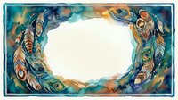 Watercolor frame with colorful boho feathers in teal, gold, and blue tones surrounding an oval white copy space for text.