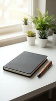 Gray notebook and wooden pen on white desk with green plants by sunny window creating productive workspace atmosphere for writing and planning.