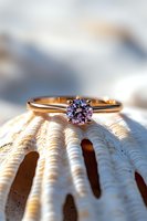 Rose gold engagement ring with round brilliant solitaire diamond displayed on white seashell against soft blurred background, romantic jewelry photography.