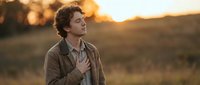 Caucasian male with curly brown hair wearing a brown jacket stands in a golden field at sunset, gazing upward with a contemplative expression during golden hour.