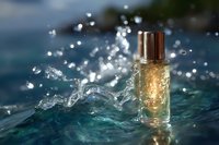 Glowing glass bottle with golden liquid splashing in turquoise water with sparkling droplets and light bokeh effects creating magical atmosphere.