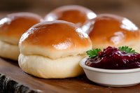 Fresh homemade dinner rolls served on rustic wooden board with cranberry sauce in white ceramic bowl, close up view of soft golden baked buns.