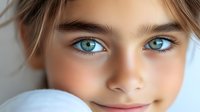 Close up portrait of young caucasian girl with striking blue eyes and gentle smile looking at camera against light background. Natural beauty concept for skincare and wellness.