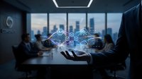 Businessman presenting AI technology hologram with connected network icons in modern conference room with city skyline background during corporate meeting.