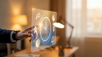 Businessman hand touching transparent digital interface with glowing clock and business icons, representing time management and productivity solutions for corporate applications.
