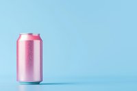 Pink aluminum beverage can with water droplets against pastel blue background, minimalist composition for food and drink advertising.