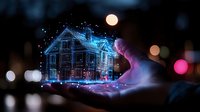 Glowing neon wireframe house model with magical purple smoke effects and bokeh lights on dark background creates futuristic architectural visualization.