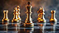 Golden chess pieces arranged on board with king in focus, dramatic lighting creates metallic reflections and shadows on dark surface, strategic game concept.