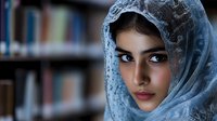 Young Middle Eastern woman wearing traditional light blue lace hijab looking at camera with intense gaze against blurred library background. Dramatic portrait highlighting cultural beauty.
