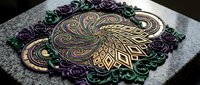 Intricate mandala design with swirling patterns and floral border elements on textured surface for meditation, spiritual practices, and decorative artwork.