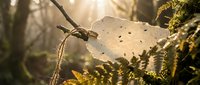 Pale butterfly resting on moss-covered branch in misty forest with golden sunlight filtering through trees, nature wildlife scene.