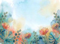 Watercolor floral border with coral flowers and tropical foliage on soft blue and cream background, isolated design for invitations, cards, and web graphics.