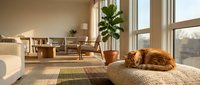 Orange tabby cat sleeping peacefully on beige sofa in bright modern living room with large windows and natural sunlight streaming in.