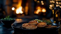 Seared scallops with herbs on dark plate by cozy fireplace. Gourmet seafood dinner with warm bokeh lights creating romantic restaurant atmosphere.