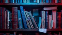 Wooden bookshelf filled with vintage hardcover books in red and blue tones, perfect for library, education, and literary themed designs.