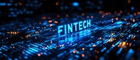 Glowing fintech text on digital circuit board with blue and orange bokeh lights, representing financial technology innovation and digital banking solutions.