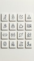 Minimalist wellness and lifestyle line icons set on white tiles featuring health, meditation, self-care and daily routine symbols for apps and websites.