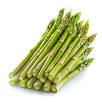 Fresh green asparagus spears arranged in neat row on white background, isolated food photography for culinary, restaurant menu and healthy eating concepts.