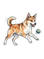 Brown and white corgi mix dog playing with ball, isolated on white background, ready for design use on apparel, stickers, and marketing materials.
