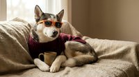 Stylish husky dog wearing sunglasses and sweater relaxing on couch with coffee cup, perfect for lifestyle and pet care marketing campaigns.