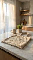 Rustic wooden cutting board on marble kitchen counter with coffee mug and herbs in modern minimalist interior with natural lighting and warm wood accents.