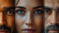 Close up portrait composition showing diverse faces with intense eye focus, highlighting racial diversity and human connection in modern society.