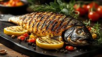 Grilled whole fish with lemon slices and herbs on slate board. Fresh seafood dinner with cherry tomatoes and rosemary garnish for restaurant menu design.