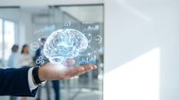 Businessman holding digital brain with data analytics icons and graphs, representing artificial intelligence, machine learning, and business intelligence technology solutions.